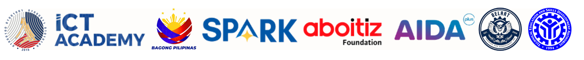 ICT Academy, Bagong Pilipinas, SPARK, Aboitiz Foundation, AIDA Plus, BELRAT and TESDA logos